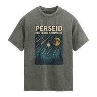 Vintage Perseid Meteor Shower Observer Washed Cotton T-Shirt Retro Celestial Stargazing Graphic