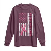 Nobody Fights Alone Pink Ribbon Flag Long Sleeve Shirt Breast Cancer Awareness Support - Wonder Print Shop
