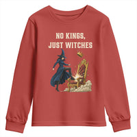 No Kings Just Witches Youth Sweatshirt Feminist Witch Kicking Throne Protest - Wonder Print Shop