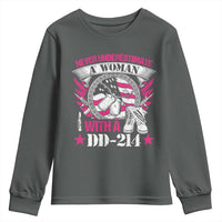 Female Veteran Youth Sweatshirt Never Underestimate A Woman With DD214 US Military