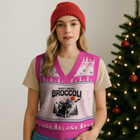 Quest Squad Broccoli Cat V-Neck Knit Sweater Vest Funny Hiking Adventure Cute Camping Feline - Wonder Print Shop