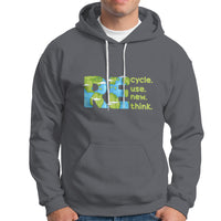 Charcoal pullover hoodie with front kangaroo pocket, drawstring hood, and recycle graphic.