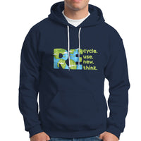 Navy pullover hoodie with front kangaroo pocket, drawstring hood, and recycle graphic.
