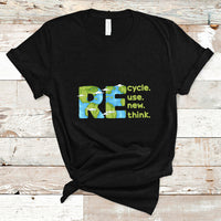 Black crew-neck T-shirt with colorful recycle, use new, think graphic on front.