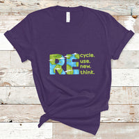 Purple crew-neck T-shirt with colorful recycle, use new, think graphic on front.