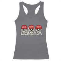 See No Crimes Hear No Truth Speak No Facts Skeletons Racerback Tank Top Political Satire Three Wise Monkeys Graphic