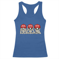 See No Crimes Hear No Truth Speak No Facts Skeletons Racerback Tank Top Political Satire Three Wise Monkeys Graphic