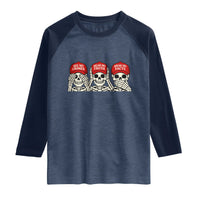 See No Crimes Hear No Truth Speak No Facts Skeletons Raglan Shirt Political Satire Three Wise Monkeys Graphic