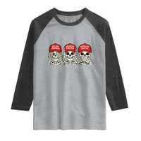 See No Crimes Hear No Truth Speak No Facts Skeletons Raglan Shirt Political Satire Three Wise Monkeys Graphic