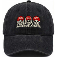 See No Crimes Hear No Truth Speak No Facts Skeletons Washed Cotton Baseball Cap Political Satire Three Wise Monkeys Graphic