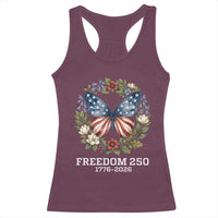 Freedom 250 Years American Flag Butterfly Racerback Tank Top Floral Wreath Patriotic 1776-2026 Semiquincentennial Celebration