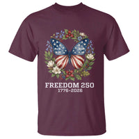 Freedom 250 Years American Flag Butterfly T Shirt Floral Wreath Patriotic 1776-2026 Semiquincentennial Celebration