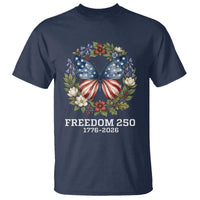 Freedom 250 Years American Flag Butterfly T Shirt Floral Wreath Patriotic 1776-2026 Semiquincentennial Celebration