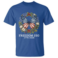 Freedom 250 Years American Flag Butterfly T Shirt Floral Wreath Patriotic 1776-2026 Semiquincentennial Celebration