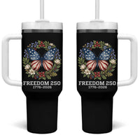 Freedom 250 Years American Flag Butterfly Tumbler With Handle Floral Wreath Patriotic 1776-2026 Semiquincentennial Celebration