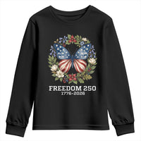 Freedom 250 Years American Flag Butterfly Youth Sweatshirt Floral Wreath Patriotic 1776-2026 Semiquincentennial Celebration
