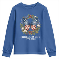 Freedom 250 Years American Flag Butterfly Youth Sweatshirt Floral Wreath Patriotic 1776-2026 Semiquincentennial Celebration