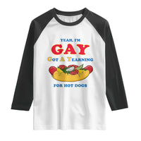 Yeah I’m GAY Got A Yearning For Hot Dogs Raglan Shirt Funny Foodie Humor Retro Graphic