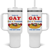 Yeah I’m GAY Got A Yearning For Hot Dogs Tumbler With Handle Funny Foodie Humor Retro Graphic
