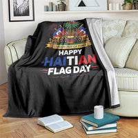 Happy Haitian Flag Day May 18 Heritage Celebration Throw Blanket L'Union Fait La Force Coat Of Arms Fireworks
