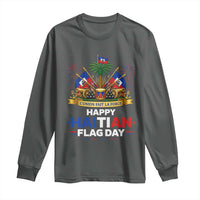 Happy Haitian Flag Day May 18 Heritage Celebration Long Sleeve Shirt L'Union Fait La Force Coat Of Arms Fireworks