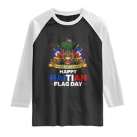 Happy Haitian Flag Day May 18 Heritage Celebration Raglan Shirt L'Union Fait La Force Coat Of Arms Fireworks