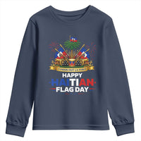 Happy Haitian Flag Day May 18 Heritage Celebration Youth Sweatshirt L'Union Fait La Force Coat Of Arms Fireworks