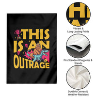 This Is An Outrage Sassy Cat Riding Raptor Dinosaur Garden Flag Retro Pop Art Graphic
