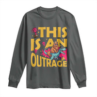This Is An Outrage Sassy Cat Riding Raptor Dinosaur Long Sleeve Shirt Retro Pop Art Graphic
