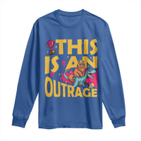 This Is An Outrage Sassy Cat Riding Raptor Dinosaur Long Sleeve Shirt Retro Pop Art Graphic