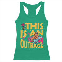 This Is An Outrage Sassy Cat Riding Raptor Dinosaur Racerback Tank Top Retro Pop Art Graphic
