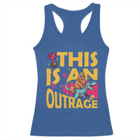 This Is An Outrage Sassy Cat Riding Raptor Dinosaur Racerback Tank Top Retro Pop Art Graphic