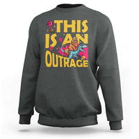 This Is An Outrage Sassy Cat Riding Raptor Dinosaur Sweatshirt Retro Pop Art Graphic