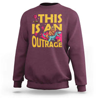 This Is An Outrage Sassy Cat Riding Raptor Dinosaur Sweatshirt Retro Pop Art Graphic