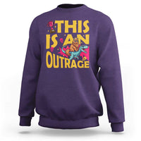 This Is An Outrage Sassy Cat Riding Raptor Dinosaur Sweatshirt Retro Pop Art Graphic