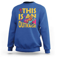 This Is An Outrage Sassy Cat Riding Raptor Dinosaur Sweatshirt Retro Pop Art Graphic