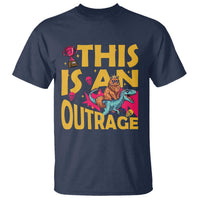 This Is An Outrage Sassy Cat Riding Raptor Dinosaur T Shirt Retro Pop Art Graphic