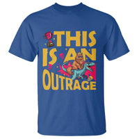 This Is An Outrage Sassy Cat Riding Raptor Dinosaur T Shirt Retro Pop Art Graphic