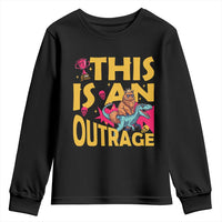 This Is An Outrage Sassy Cat Riding Raptor Dinosaur Youth Sweatshirt Retro Pop Art Graphic