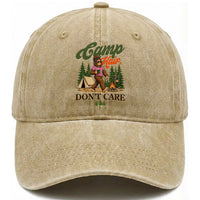 Vintage Funny Girly Bigfoot Camper Washed Cotton Baseball Cap Camp Hair Don't Care Sasquatch Camping Outdoor Adventure