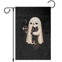 Meh Boojee Sleepy Ghost Holding Black Cat Drinking Coffee Garden Flag Spooky Halloween Cute Autumn Morning Mood Graphic