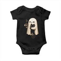 Meh Boojee Sleepy Ghost Holding Black Cat Drinking Coffee Baby Onesie Spooky Halloween Cute Autumn Morning Mood Graphic