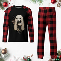 Meh Boojee Sleepy Ghost Holding Black Cat Drinking Coffee Plaid Pajama Set Spooky Halloween Cute Autumn Morning Mood Graphic