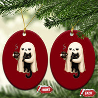 Meh Boojee Sleepy Ghost Holding Black Cat Drinking Coffee Ceramic Ornament Spooky Halloween Cute Autumn Morning Mood Graphic