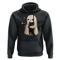 Meh Boojee Sleepy Ghost Holding Black Cat Drinking Coffee Hoodie Spooky Halloween Cute Autumn Morning Mood Graphic