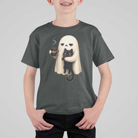 Meh Boojee Sleepy Ghost Holding Black Cat Drinking Coffee T Shirt For Kid Spooky Halloween Cute Autumn Morning Mood Graphic