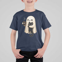 Meh Boojee Sleepy Ghost Holding Black Cat Drinking Coffee T Shirt For Kid Spooky Halloween Cute Autumn Morning Mood Graphic
