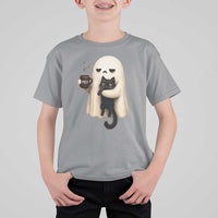 Meh Boojee Sleepy Ghost Holding Black Cat Drinking Coffee T Shirt For Kid Spooky Halloween Cute Autumn Morning Mood Graphic