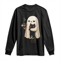 Meh Boojee Sleepy Ghost Holding Black Cat Drinking Coffee Long Sleeve Shirt Spooky Halloween Cute Autumn Morning Mood Graphic