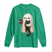 Meh Boojee Sleepy Ghost Holding Black Cat Drinking Coffee Long Sleeve Shirt Spooky Halloween Cute Autumn Morning Mood Graphic